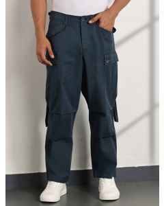 Teal Mid-Rise Loose Fit Cotton Woven Cargo Trousers