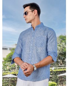 Blue Slim Fit Long Sleeves Pinstripes Linen Casual Shirt