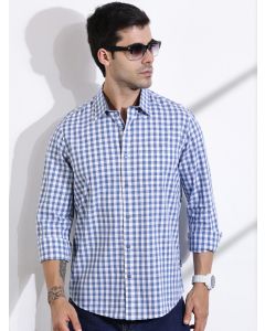 Blue Slim Fit Long Sleeve Gingham Checks Cotton Casual Shirt