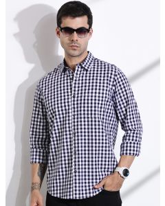 Navy Slim Fit Long Sleeve Gingham Checks Cotton Casual Shirt