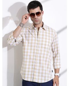 Beige Slim Fit Long Sleeves Tartan Checks Casual Shirt