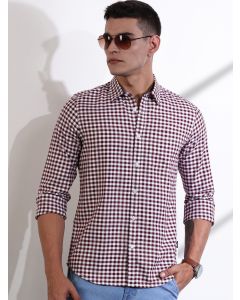 Maroon Slim Fit Long Sleeves Gingham Checks Cotton Woven Casual Shirt