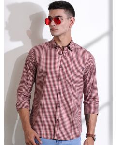 Red Slim Fit Long Sleeves Gingham Checks Cotton Woven Casual Shirt