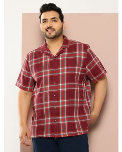 Red Plus Size Regular Fit Short Sleeves Windowpane Checks Casual Shirt