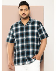 Teal Plus Size Regular Fit Short Sleeves Windowpane Checks Casual Shirt