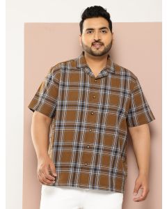 Brown Plus Size Regular Fit Short Sleeves Windowpane Checks Casual Shirt