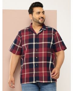 Red Plus Size Regular Fit Short Sleeves Windowpane Checks Casual Shirt