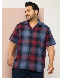 Red Plus Size Regular Fit Short Sleeves Windowpane Checks Casual Shirt