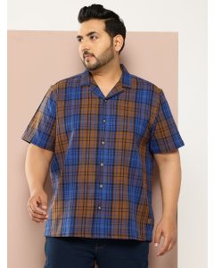 Blue Plus Size Regular Fit Short Sleeves Windowpane Checks Casual Shirt