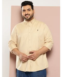 Beige Plus Size Regular Fit Long Sleeves Button-Down Collar Twill Shirt