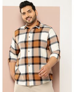 Cream Plus Size Regular Fit Windowpane Checks Woven Shirt