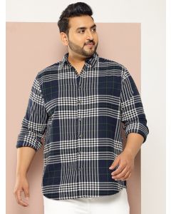 NavyBlue Plus Size Regular Fit Tartan Checks Woven Shirt