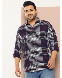 NavyBlue Plus Size Regular Fit Tartan Checks Woven Shirt