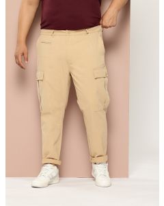 Beige Plus Size Regular fit Mid-rise Cotton Woven Cargo Trouser