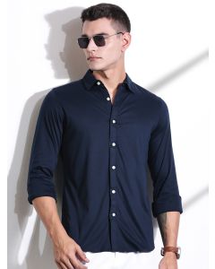 Navy Blue Spread Collar Slim Fit Long Sleeves Solid Knitted Shirt