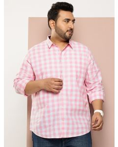 Pink Plus Size Regular Fit Long Sleeves Tartan Checks Casual Shirt