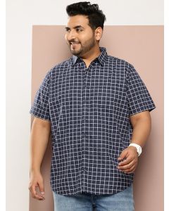 Navy Plus Size Regular Fit Short Sleeves Windowpane Checks Woven Casual Shirt