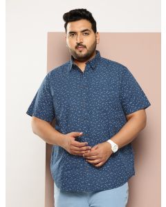 Navy Plus Size Regular Fit Short Sleeves Micro Ditsy Printed Woven Casual Shirt