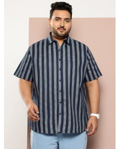 Blue Plus Size Regular Fit Short Sleeves Waffle Printed Woven Casual Shirt