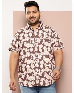Brown Plus Size Regular Fit Short Sleeves Floral Printed Woven Casual Shirt