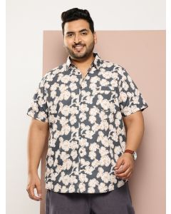 Grey Plus Size Regular Fit Short Sleeves Floral Printed Woven Casual Shirt
