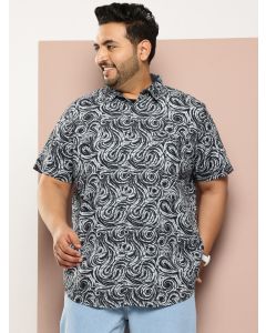Navy Plus Size Regular Fit Short Sleeves Abstract Print Woven Casual Shirt