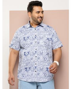 Blue Plus Size Regular Fit Short Sleeves Geometric Print Woven Casual Shirt