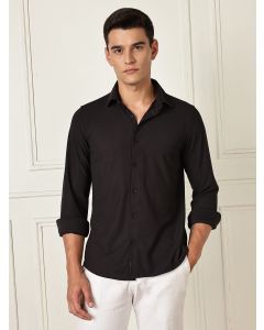 Black Premium Slim Fit Long Sleeves 4 Way Stretch CoolMax Knitted Casual Shirt