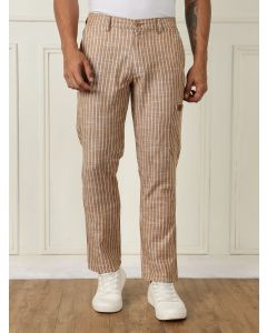 Beige Mid-Rise Straight Fit Striped Linen Trouser