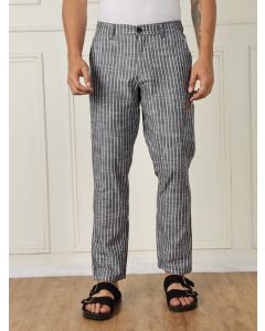 Black Mid-Rise Straight Fit Striped Linen Trouser