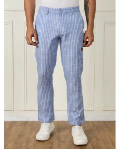 Blue Mid-Rise Straight Fit Striped Linen Trouser