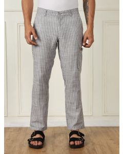 Grey Mid-Rise Straight Fit Striped Linen Trouser