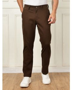 Brown Mid-Rise Straight Fit Solid Woven Chinos Trouser