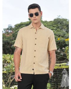 Beige Slim Fit Short Sleeves Cotton Seersucker Shirt