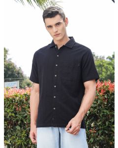 Black Slim Fit Short Sleeves Cotton Seersucker Shirt