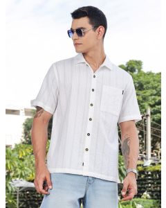 White Slim Fit Short Sleeves Cotton Seersucker Shirt