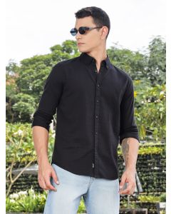 Black Slim Fit Long Sleeves Button-Down Collar Seersucker Shirt