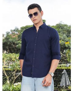 Navy Slim Fit Long Sleeves Button-Down Collar Seersucker Shirt