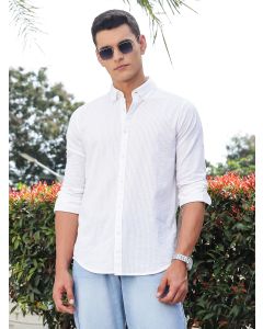 White Slim Fit Long Sleeves Button-Down Collar Seersucker Shirt