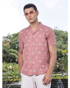 Peach Regular Fit Short Sleeves Cuban Collar Embroidered Crop Shirt