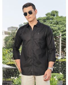 Black Slim Fit Long Sleeves Spread Collar Linen Casual Shirt