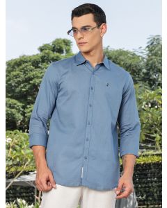 Blue Slim Fit Long Sleeves Spread Collar Linen Casual Shirt
