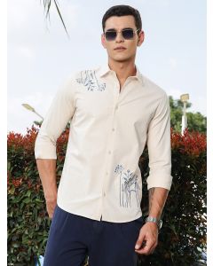 Beige Regular Fit Long Sleeves Spread Collar Oxford Embroidered Shirt