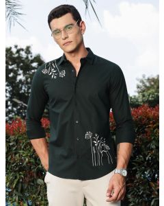 Bottle Green Regular Fit Long Sleeves Spread Collar Oxford Embroidered Shirt