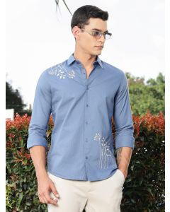 Medium Blue Regular Fit Long Sleeves Spread Collar Oxford Embroidered Shirt