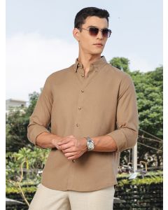Brown Slim Fit Long Sleeves Button-Down Collar Lyocel Linen Casual Shirt
