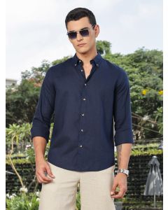 Navy Slim Fit Long Sleeves Button-Down Collar Lyocel Linen Casual Shirt