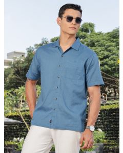 Dark Blue Short Sleeves Oversized Cotton Linen Casual Shirt