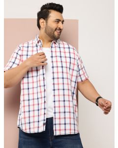 Red Plus Size Regular Fit Short Sleeves Spread Collar Tartan Checks Casual Shirt