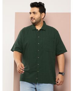 Green Plus Size Regular Fit Short Sleeves Cotton Seersucker Shirt